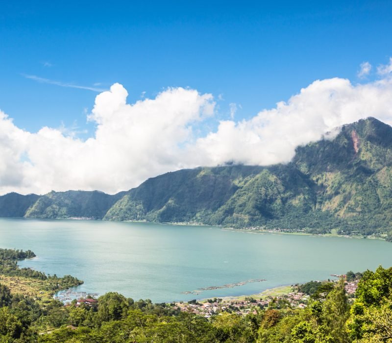 The Batur lake and volcano are in the central mountains in Bali near the Kintamani village, Indonesia.
