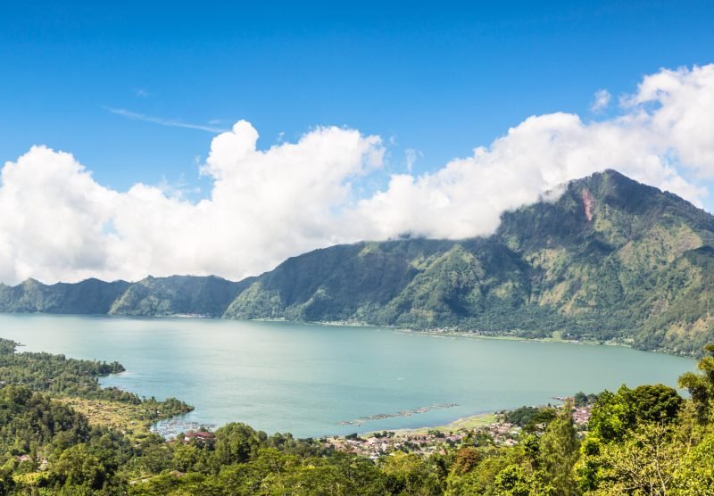 The Batur lake and volcano are in the central mountains in Bali near the Kintamani village, Indonesia.