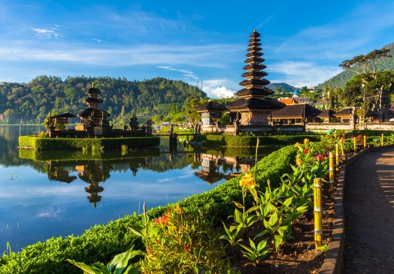 Pura Ulun Danu Bratan at sunrise, famous temple on the lake, Bedugul, Bali, Indonesia.