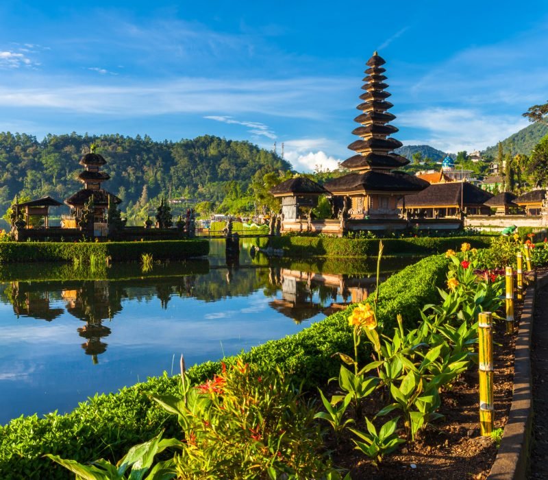 Pura Ulun Danu Bratan at sunrise, famous temple on the lake, Bedugul, Bali, Indonesia.