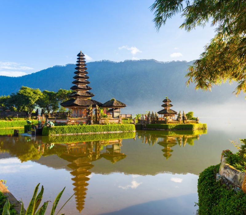 Pura Ulun Danu Bratan at sunrise, famous temple on the lake, Bedugul, Bali, Indonesia.