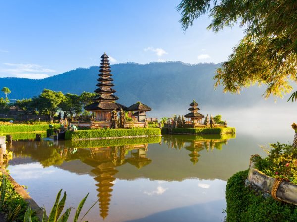 Pura Ulun Danu Bratan at sunrise, famous temple on the lake, Bedugul, Bali, Indonesia.