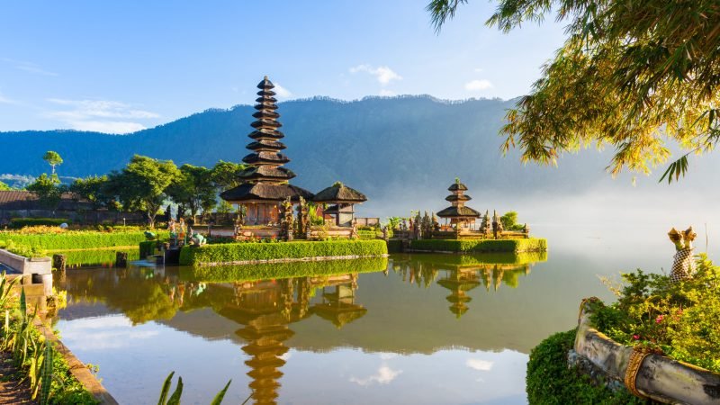 Pura Ulun Danu Bratan at sunrise, famous temple on the lake, Bedugul, Bali, Indonesia.