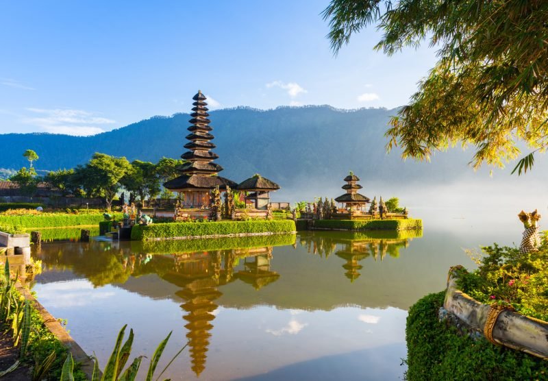 Pura Ulun Danu Bratan at sunrise, famous temple on the lake, Bedugul, Bali, Indonesia.