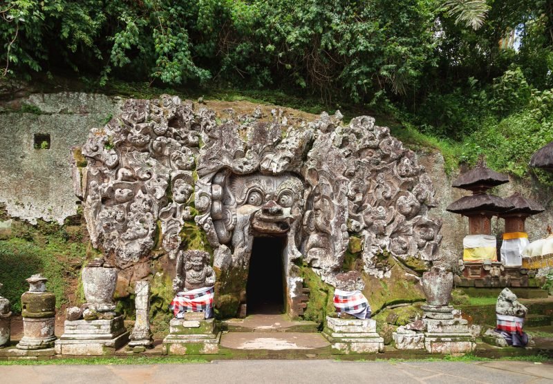 Goa Gajah Cave at Pura Goa Gajah Temple (the Elephant Cave Temple). Ubud, Bali island, Indonesia.