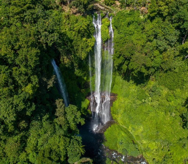 Waterfall,In,Green,Rainforest.,Breathtaking,Aerial,View,Of,Triple,Waterfall