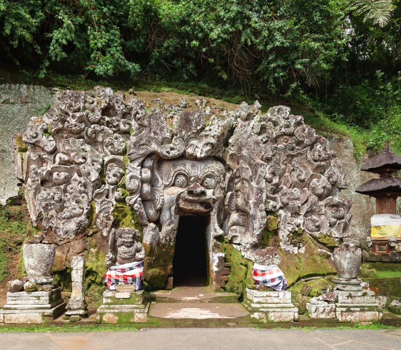 Goa Gajah Cave at Pura Goa Gajah Temple (the Elephant Cave Temple). Ubud, Bali island, Indonesia.