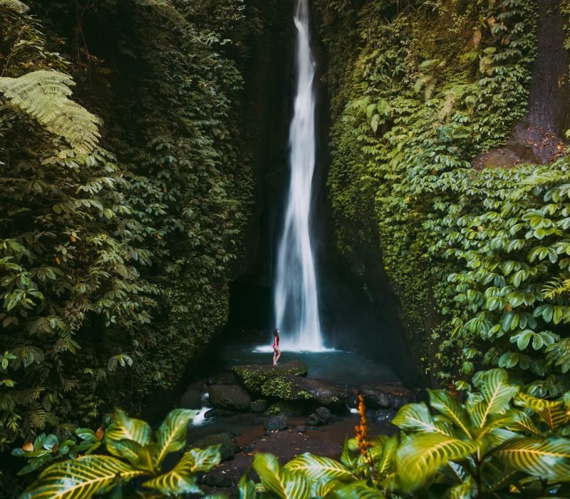 Waterfall,In,Tropical,Jungle,And,Alone,Woman,In,Bikini.,Leke