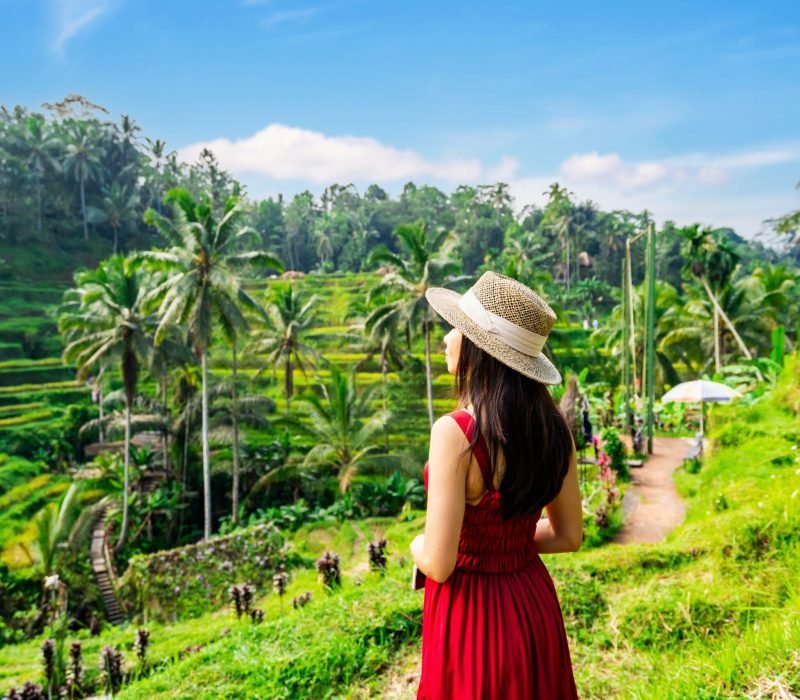 Young,Female,Tourist,In,Red,Dress,Looking,At,The,Beautiful