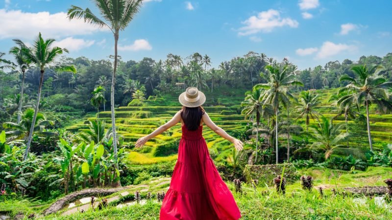 Young,Female,Tourist,In,Red,Dress,Looking,At,The,Beautiful
