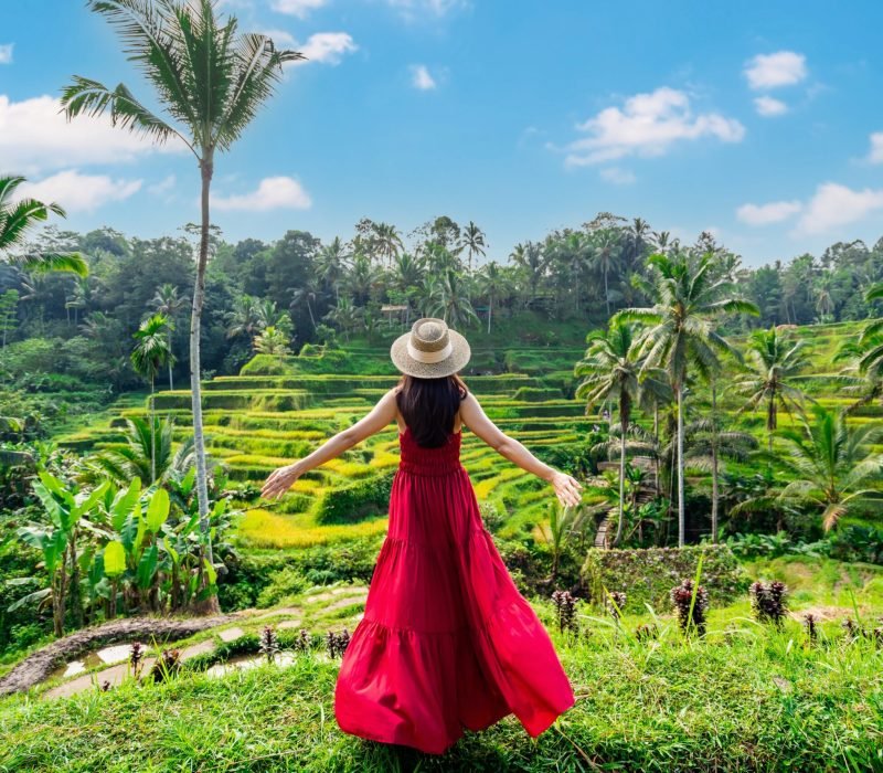 Young,Female,Tourist,In,Red,Dress,Looking,At,The,Beautiful
